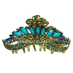 Haargreifer L Vintage Haarkneifer Haarklammer Metall & Strass türkis blau gold 5117e